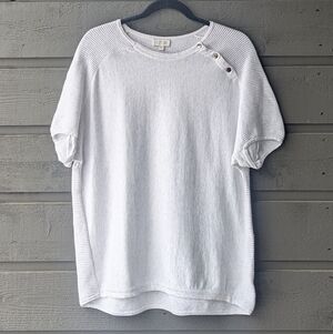 Kinross Cashmere Light Gray Snap Shoulder Short Sleeve Sweater Small